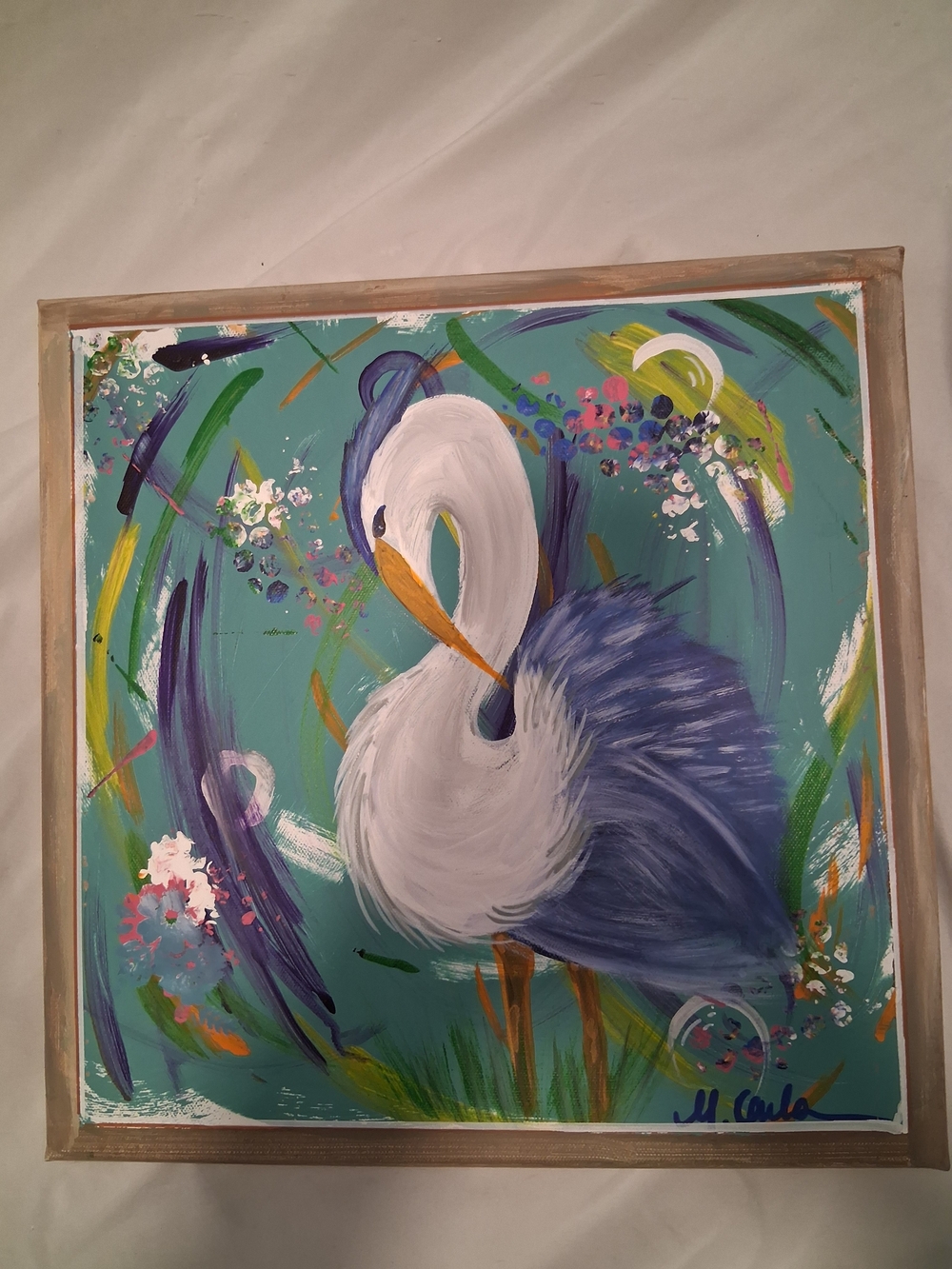 Abstract Blue Heron Canvas Wall Art - Blue and White